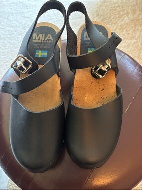 MIA Black Leather Buckle Slingback Clogs